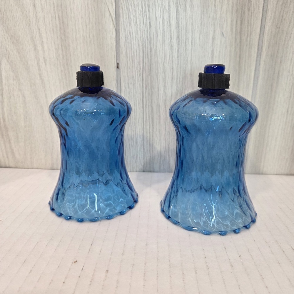 Vtg Blue Honeycomb Glass Votive Peg Candle Holder Grommets Pair 5.25"